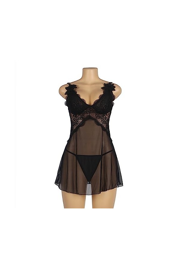 ZDJSWJ sous-vêtements Leopard Doll pour Femmes Pyjama à col V Teddy à Lacets Pyjama en Dentelle Pyjama Grande Taille Noir,3X