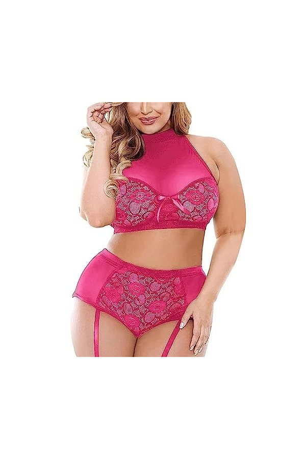 ZDJSWJ Femmes Plus Taille Garter Ceinture sous-vêtements Bow Dentelle Body Set poupée Sangle Soutien-Gorge et Culotte Ensembl