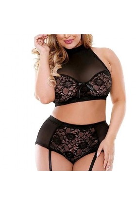 ZDJSWJ sous - vêtements Ceinture Garter Grande Taille pour Femme Ensemble de Collants en Dentelle Bow Ensemble Soutien -Gorge