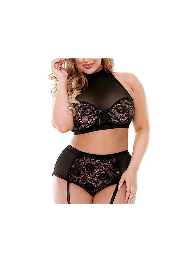 ZDJSWJ sous - vêtements Ceinture Garter Grande Taille pour Femme Ensemble de Collants en Dentelle Bow Ensemble Soutien -Gorge