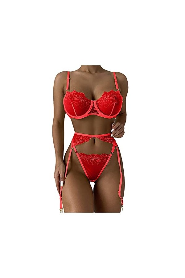 XIUH Sous-vêtements Anneau en acier pyjamas Mode Dentelle Vêtements de sommeil Body Sexy Rouge, S , rouge, S