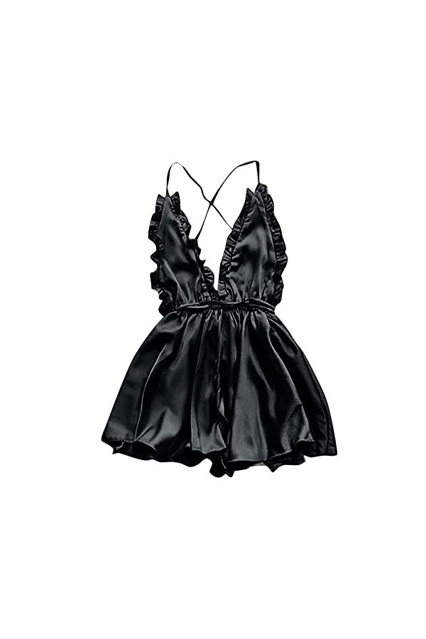 liaddkv Robe sexy pour femme avec bord doreille en bois, col en V profond, dos nu, lingerie sexy, Noir , M