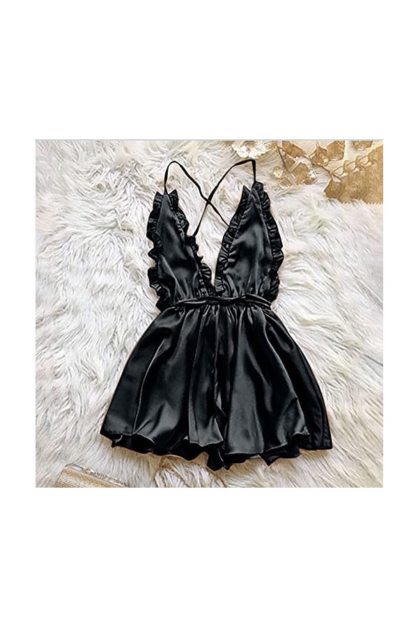 liaddkv Robe sexy pour femme avec bord doreille en bois, col en V profond, dos nu, lingerie sexy, Noir , M