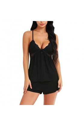 Mode Femmes Sexy Dentelle Sous-Vêtements de Nuit Robe de Nuit Bébé Vêtements de Sommeil Body avec Décolleté, Noir , XXL