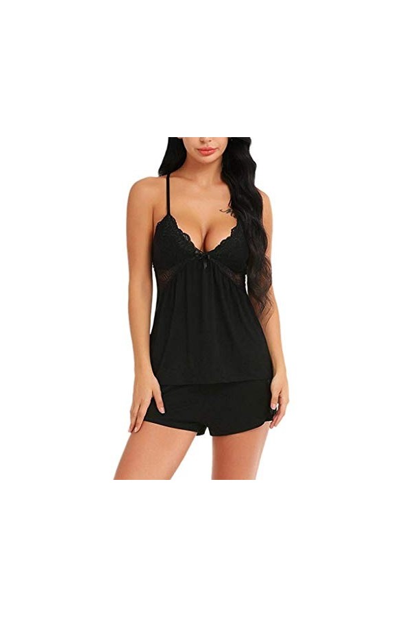 Mode Femmes Sexy Dentelle Sous-Vêtements de Nuit Robe de Nuit Bébé Vêtements de Sommeil Body avec Décolleté, Noir , XXL