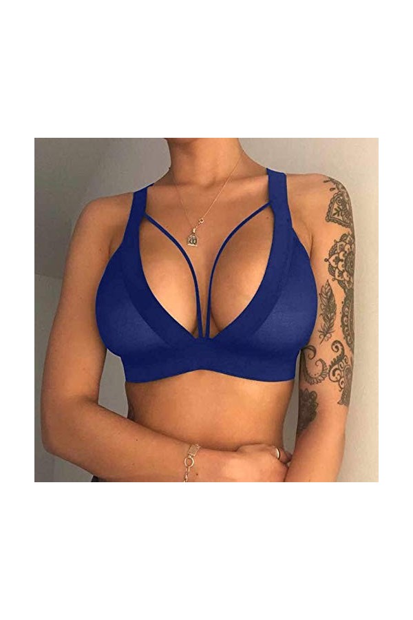 Sexy Women Girl Hollow Out Elastic Cage Bra Bandage Strappy Halter Bra Lingerie Noire Sexy Blue, M 