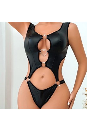 JIYAYUIX Lingerie pour Femmes 1 PC Cuir Teddy Body Lingerie Sexy découpe épaules dénudées Joint PU à Lacets jarretière Teddy 