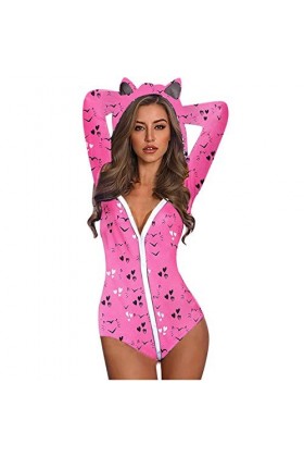 IQYU Sexy Catsuit Lingerie à Capuche Oreille de Chat Mignon Manches Longues Vache Imprimé Pyjama Combinaison Barboteuse Combi