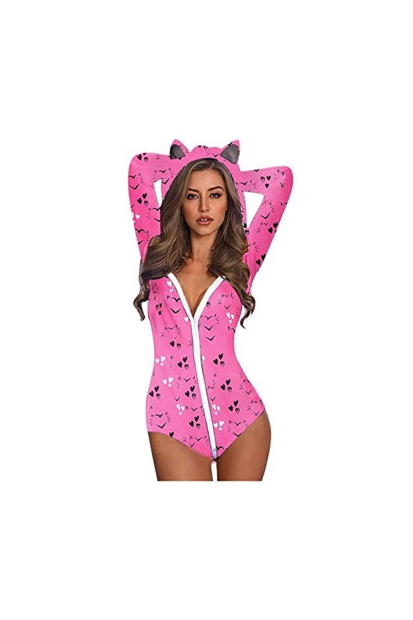 IQYU Sexy Catsuit Lingerie à Capuche Oreille de Chat Mignon Manches Longues Vache Imprimé Pyjama Combinaison Barboteuse Combi