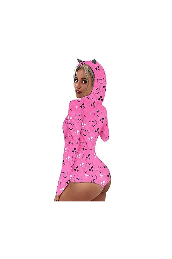 IQYU Sexy Catsuit Lingerie à Capuche Oreille de Chat Mignon Manches Longues Vache Imprimé Pyjama Combinaison Barboteuse Combi