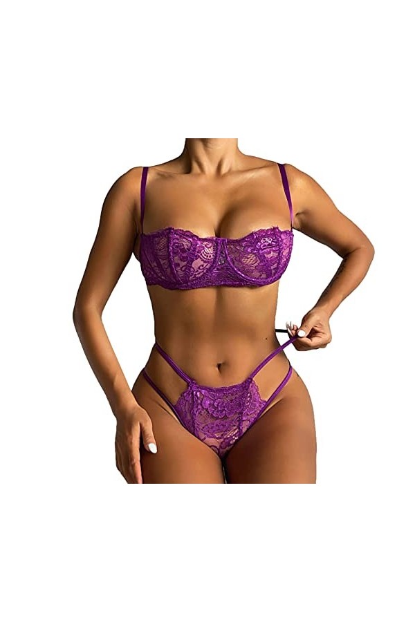 liaddkv Femme Sexy Dentelle Broderie Filet Rouge Creux Érotique Ensemble Lingerie Harnique, lilas, L