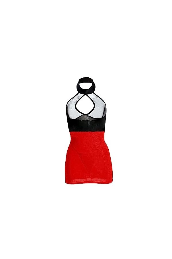 liaddkv Nuisette Femme Bloc de Couleur Sexy Secrétaire Paquet Hanche Jeu de Rôle Évidé Rouge Body, rouge, taille unique