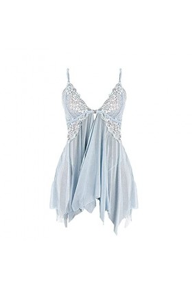 PANPANY Avant Lingerie de Nuit Lace V Mesh Closure Lingerie pour Femmes Cou Corset Sexy Ouvert Sky Blue, M 