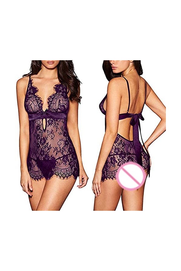 Lingerie Sexy Dos Dentelle Ouvert Entrejambe sous-Vêtements Lingerie Noire Lingeries Fines Purple, M 