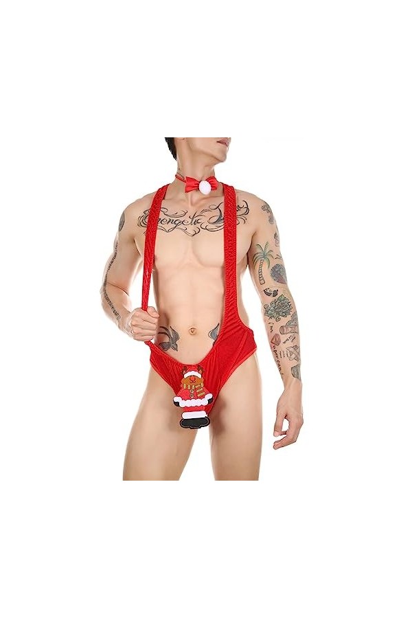 Gefomuofe Costume de Père Noël pour homme - Jockstrap - Body extensible - Bretelles - Mankini - Sous-vêtements - Lingerie sex