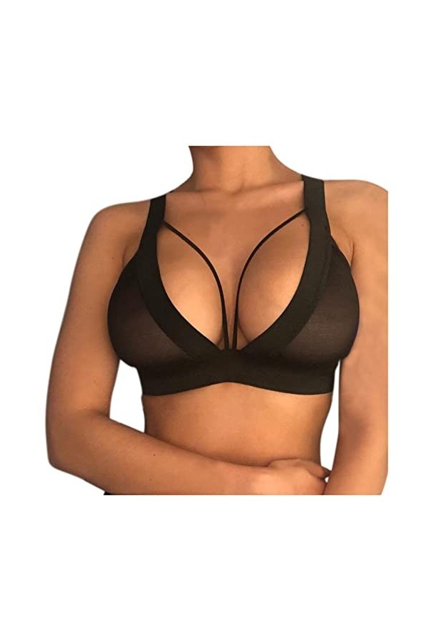 Sexy Women Girl Hollow Out Elastic Cage Bra Bandage Strappy Halter Bra Lingerie Noire Sexy Black, XXXL 