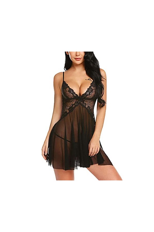BIISDOST sous-vêtements Sexy pour Femmes vêtements de Nuit Sexy Grande Chemise de Nuit en Dentelle jarretelle Jupe String Noi