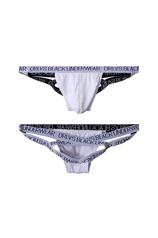 Jungerhouse String Homme Suspensoir Jockstrap Bretelles Croisées Sexy Jock Strap sous-vêtement Blanc,L 