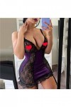 PANPANY Femmes Sexy Dentelle Noir Lingerie Robe Vêtements De Nuit Robe De Nuit Dos Pyjamas Lingerie Combinaison Purple, S 