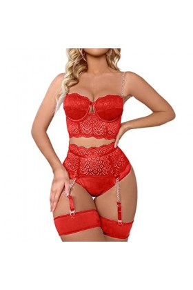 liaddkv Ensemble de lingerie sexy en dentelle pour femme avec soutien-gorge et culotte à taille haute, rouge, S