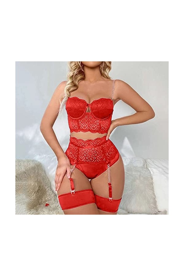 liaddkv Ensemble de lingerie sexy en dentelle pour femme avec soutien-gorge et culotte à taille haute, rouge, S