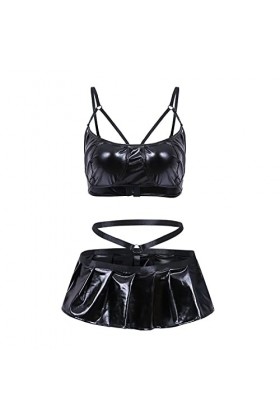 2023 New y/2/k Style Lingerie Ensemble de Lingerie Criss en Cuir PU pour Femmes Bralettes et Mini Jupe Coquin Black, S 