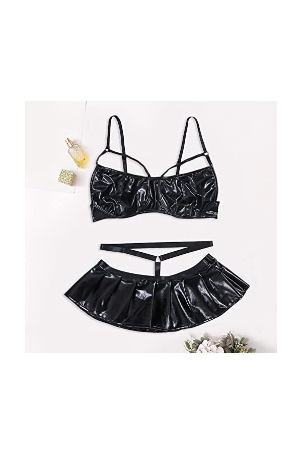 2023 New y/2/k Style Lingerie Ensemble de Lingerie Criss en Cuir PU pour Femmes Bralettes et Mini Jupe Coquin Black, S 