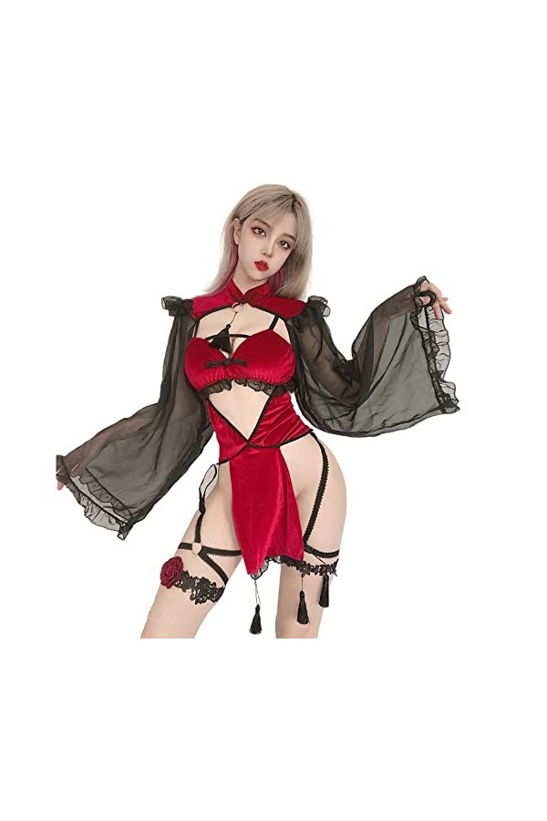 SINROYEE Costume de sorcière sexy pour femme - Kimono sexy robe rouge 