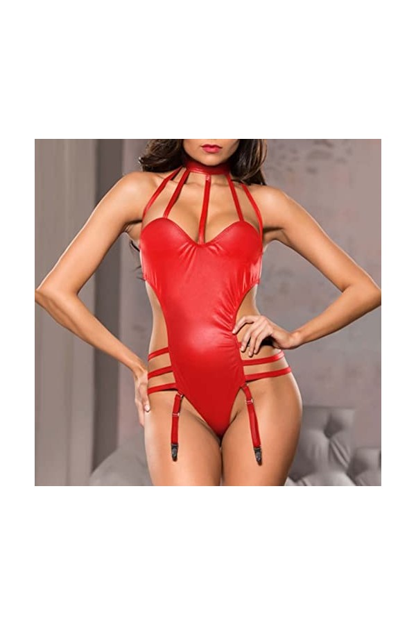 Femme Sexy Col Creux Dos Nu Top Maillot de Bain Sexy Lingerie Lingerie Laqué, rouge, S