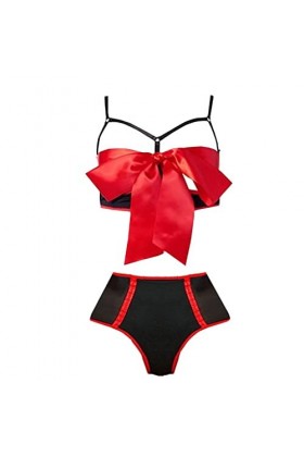Ensemble de pyjama sexy rouge - Sous-vêtements de Noël creux - Culotte - Lingerie sexy - Noir et rouge, rouge, XL
