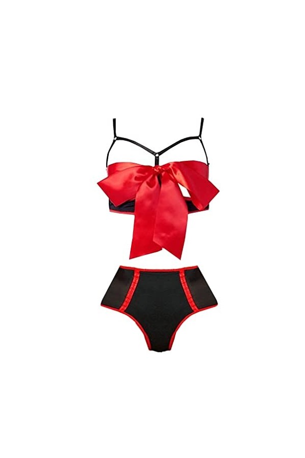 Ensemble de pyjama sexy rouge - Sous-vêtements de Noël creux - Culotte - Lingerie sexy - Noir et rouge, rouge, XL