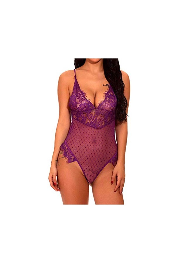 UOWEG Nouvelle Lingerie pour Femme Teddy Lace V-Neck Body Jumpsuit Robe Moulante Sexy Purple, XL 