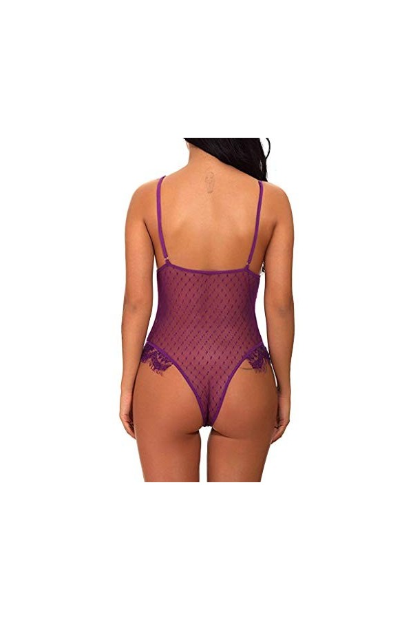 UOWEG Nouvelle Lingerie pour Femme Teddy Lace V-Neck Body Jumpsuit Robe Moulante Sexy Purple, XL 