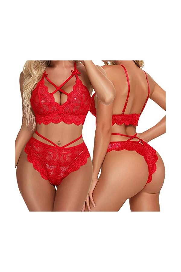 Générique Dames Trois Points Lingerie Sexy Dentelle Soutien-Gorge Culotte Deux pièces Costume Lingerie Sexy Sensuelle Red, X