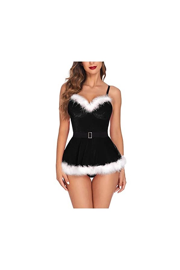 Lingerie sexy de Noël Lingerie Sexy Femme Chemise de nuit Ensemble de sous-vêtements Bretelles Soutien-gorge Babydoll Dentell