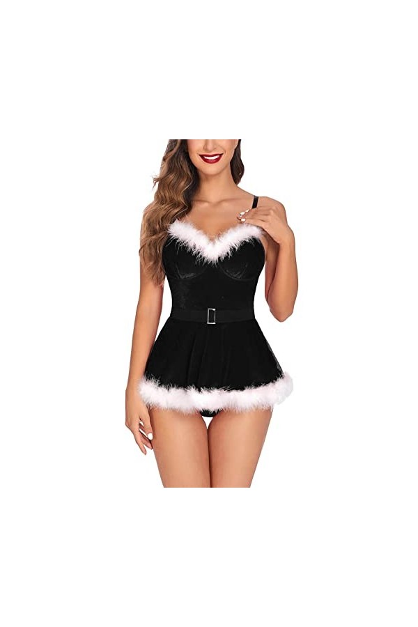 Lingerie sexy de Noël Lingerie Sexy Femme Chemise de nuit Ensemble de sous-vêtements Bretelles Soutien-gorge Babydoll Dentell