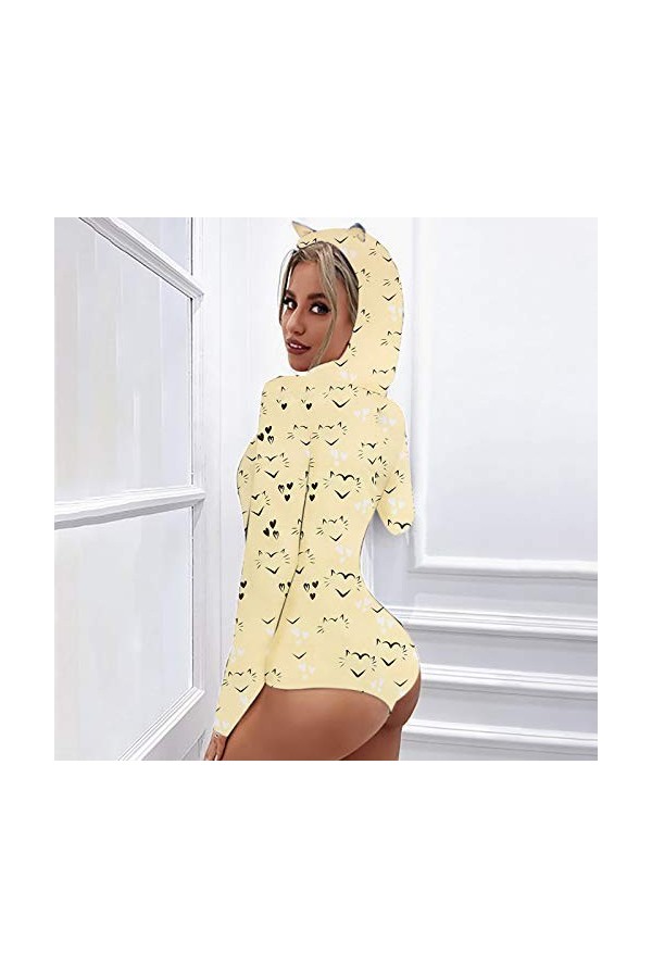IQYU Sexy Catsuit Lingerie à Capuche Oreille de Chat Mignon Manches Longues Vache Imprimé Pyjama Combinaison Barboteuse Combi