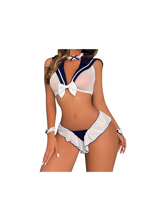 ROSVAJFY Femme Écolière Cosplay Costume Mini Sailor Uniform Sexy Lingerie Schoolgirl Outfit Jeu Rôle Étudiant Costume Maille 