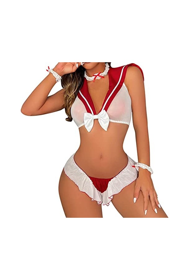 ROSVAJFY Femme Écolière Cosplay Costume Mini Sailor Uniform Sexy Lingerie Schoolgirl Outfit Jeu Rôle Étudiant Costume Maille 