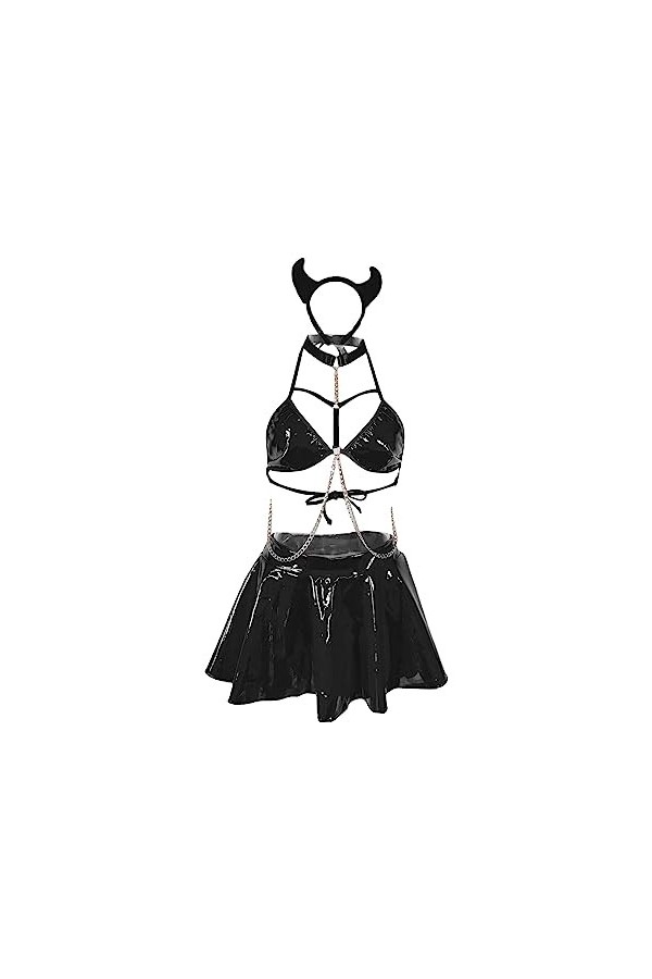 Ensemble de lingerie boudoir sexy en cuir laqué avec chaîne en métal pour femme 2024, Noir , Large