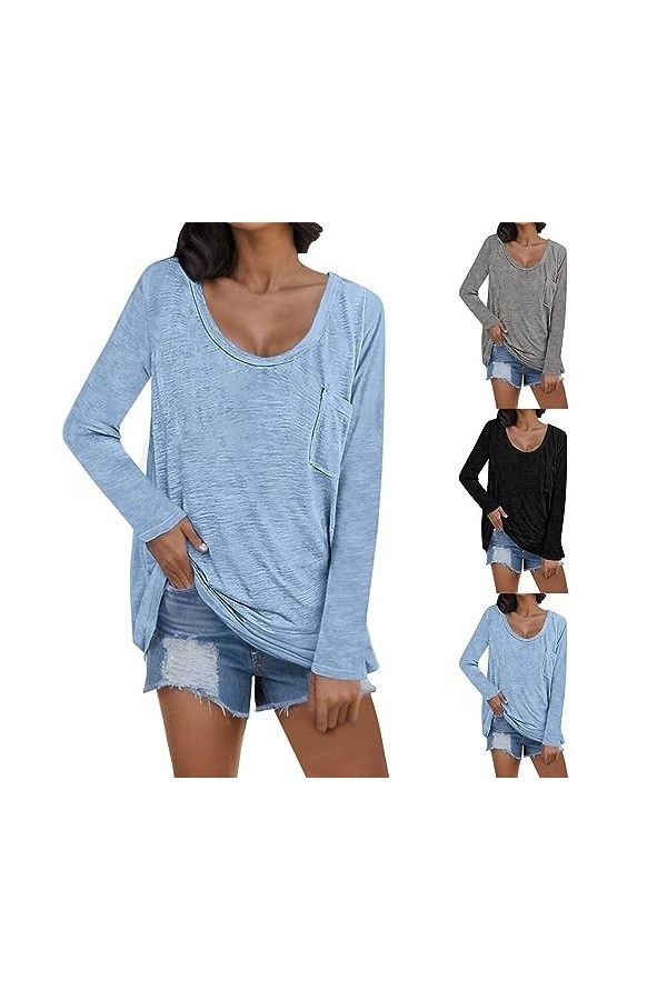 Gefomuofe Pull à col rond pour femme - Couleur unie - Col rond - Hauts surdimensionnés avec lettres - T-shirt à manches longu