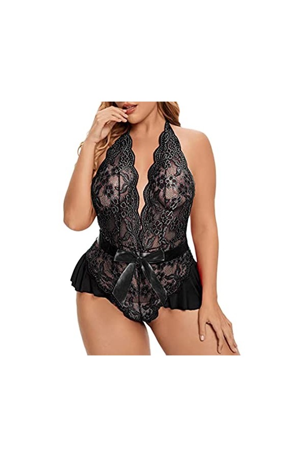 Ensemble de lingerie 2 pièces pour femme avec soutien-gorge à lanières et sous-vêtements sexy, Noir , XXL