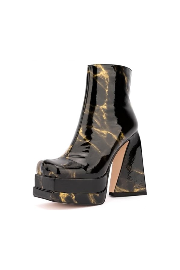 WOkismD 14.5CM / 5.7IN Femmes Super High Heel Épais Talon Verni En Cuir Courtes Bottes Cheville Sexy Ceinture Côté Fermeture