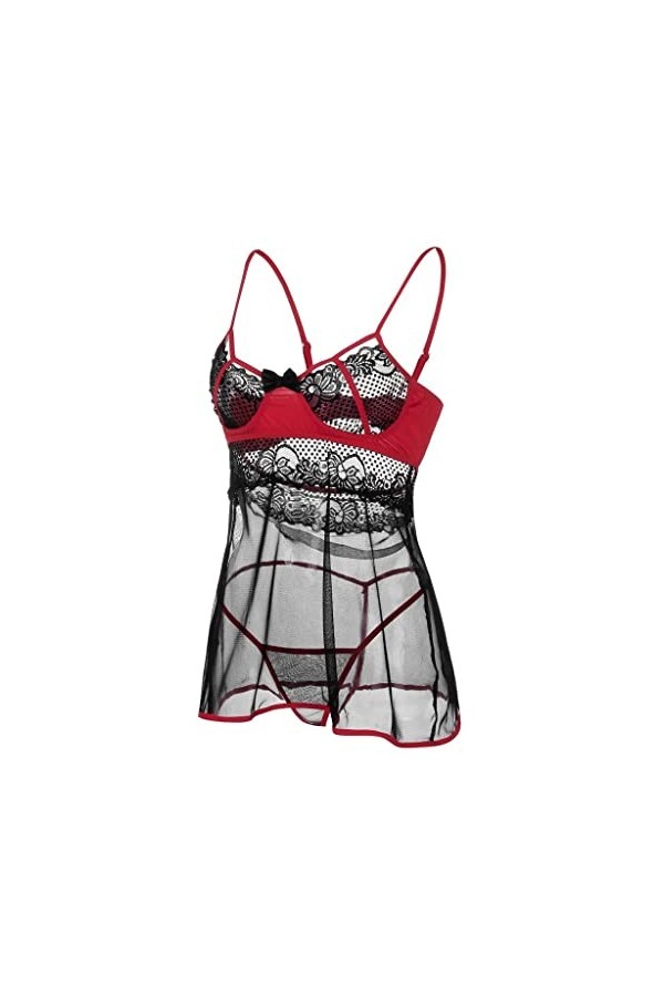 Pyjama sexy sans fil en dentelle pour femme, Bordeaux, L