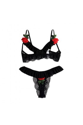 Ensemble pyjama sexy sexy avec dentelle brodée exquise pour femme, Noir , XL