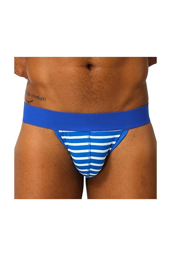 LOIJMK Culotte taille basse sexy pour homme - Couleur unie - En coton - Double string, bleu, M