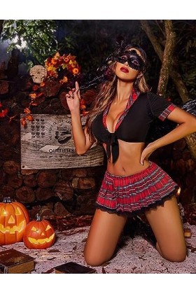 Avidlove Ensemble de lingerie décolière pour femme - Lingerie de jeu de rôle avec mini jupe plissée à carreaux sexy pour étu