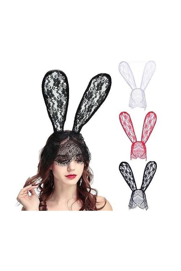NRVTRE Long Lapin Oreille Dentelle Bandeau BunnyGirl Discothèque Voile Bandeau Costume Fête Accessoires Scène Femme Jeu Rôle 