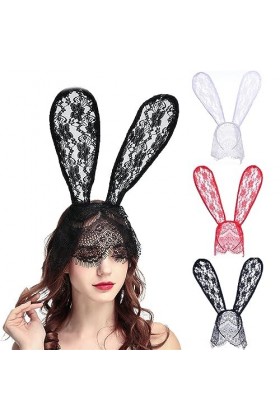 NRVTRE Long Lapin Oreille Dentelle Bandeau BunnyGirl Discothèque Voile Bandeau Costume Fête Accessoires Scène Femme Jeu Rôle 