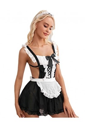 JasmyGirls Costume sexy de soubrette française pour femme - Costume de cosplay - Costume de jeu de rôle sexy - Tablier en den